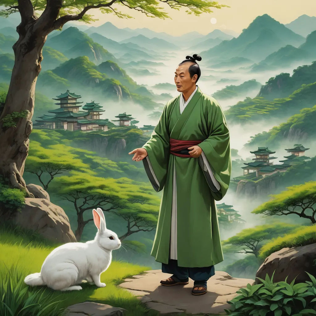 a painting of a man in a green kimono standing next to a white rabbit in a green landscape, magical realism, a storybook illustration, Emperor Huizong of Song, storybook illustration