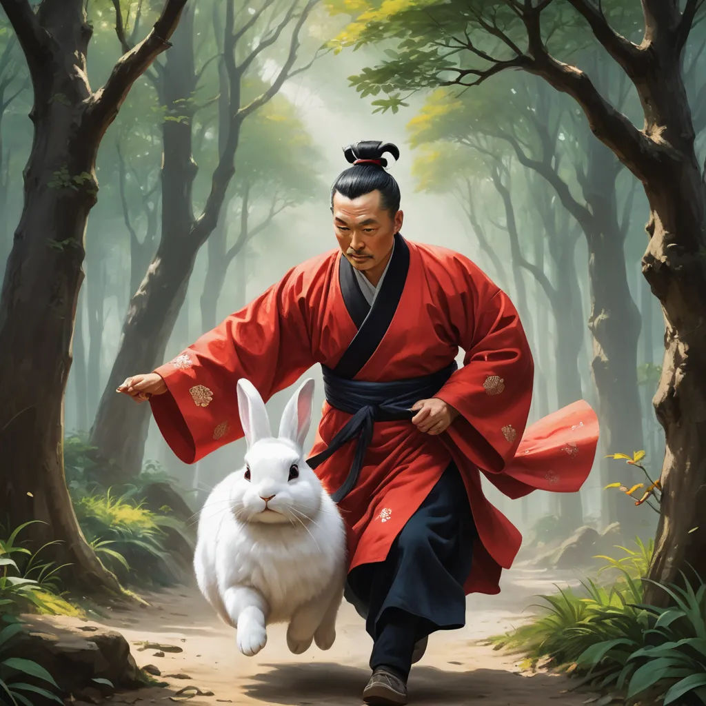 a man in a kimono is running with a rabbit in the woods behind him, in a painting by a young man, fantasy art, a storybook illustration, Emperor Huizong of Song, official art