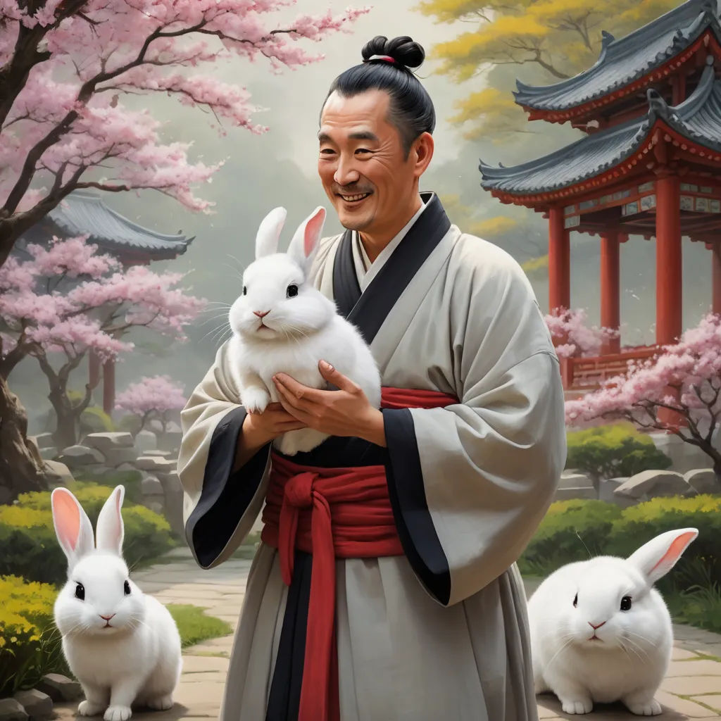 a man holding a rabbit in front of a painting of a pagoda and rabbits in front of him,, magical realism, a character portrait, Drew Struzan, highly detailed digital painting