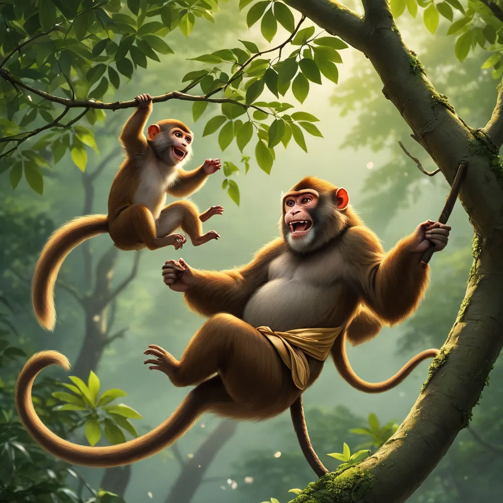 a monkey and a monkey sitting on a tree branch in the jungle, with a monkey holding a stick, fantasy art, a digital painting, Chris LaBrooy, highly detailed digital painting