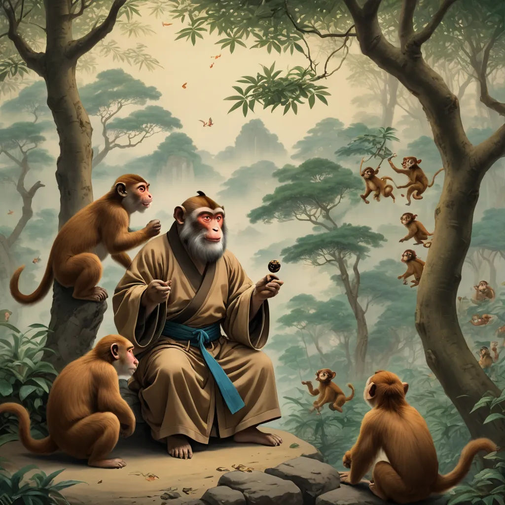 a painting of a man sitting on a rock surrounded by monkeys and monkeys in a forest with a sky background, fantasy art, a storybook illustration, Chris LaBrooy, highly detailed digital painting