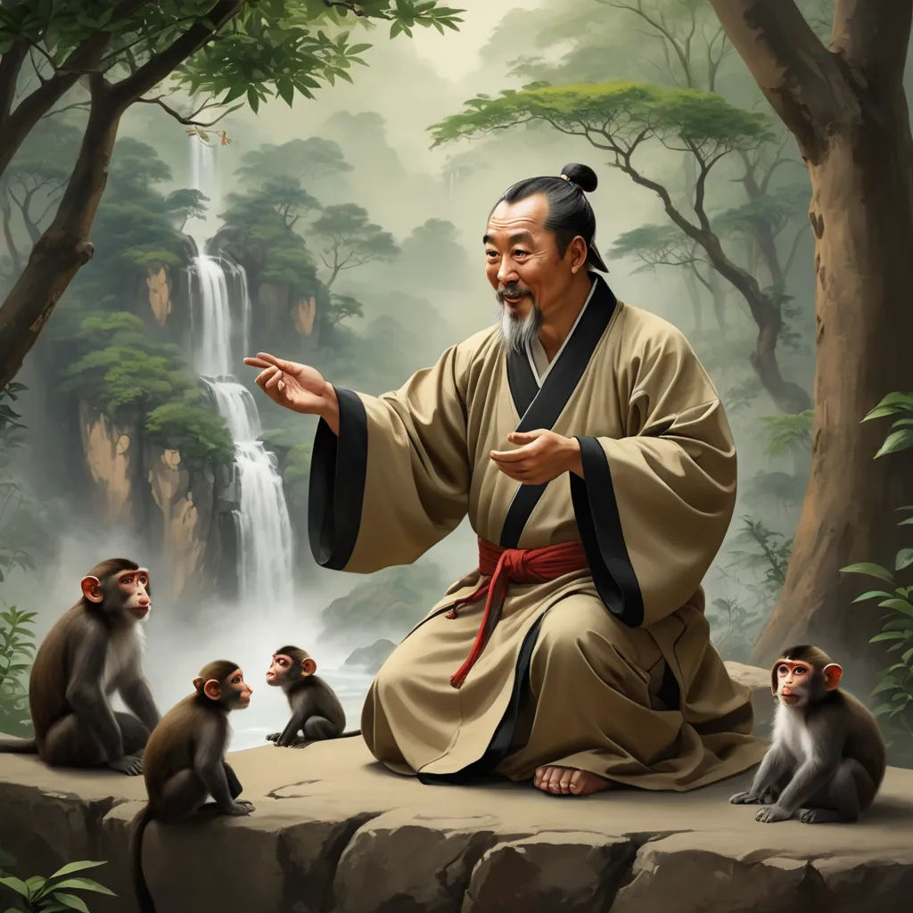 a painting of a man sitting on a rock with monkeys around him and a waterfall in the background with trees, magical realism, a storybook illustration, Emperor Huizong of Song, highly detailed digital painting
