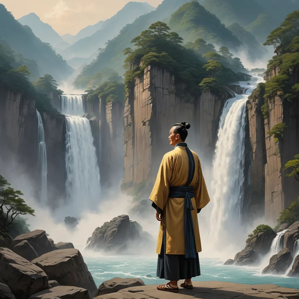 a painting of a man standing on a cliff overlooking a waterfall and a river with a waterfall in the background, fantasy art, a detailed matte painting, Christophe Vacher, cinematic matte painting