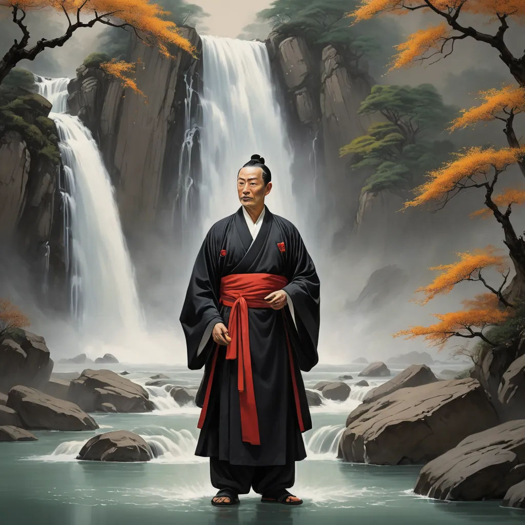 a man in a black and red robe standing in front of a waterfall and trees with orange leaves on it, fantasy art, a detailed matte painting, Emperor Huizong of Song, highly detailed digital painting