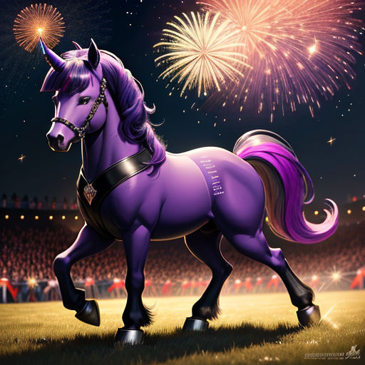 a purple horse with a purple mane and a purple mane is standing in a field with fireworks in the background