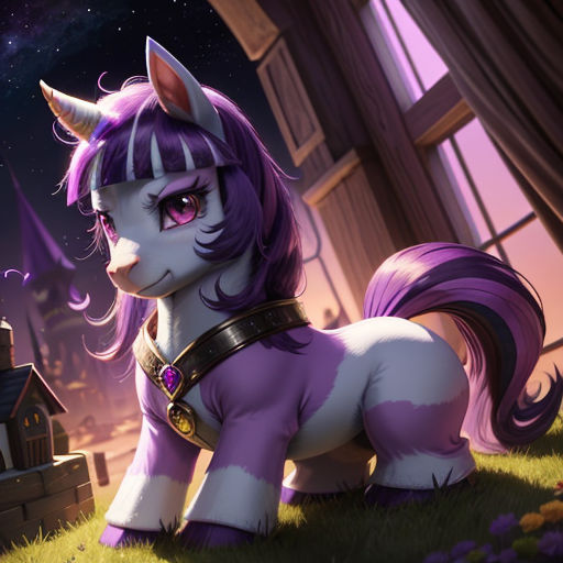 a pony with purple hair and a purple mane sitting on the ground in front of a building with a clock tower