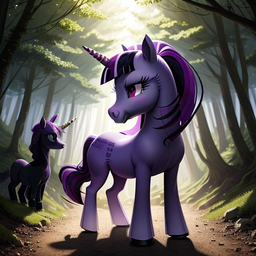 a purple pony and a black pony standing in the woods together, with a forest background and sunlight shining through the trees