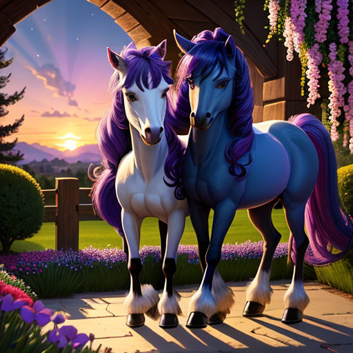 two horses standing next to each other on a walkway near flowers and a fence at sunset with a sky background