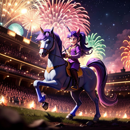 a girl riding a horse in a stadium with fireworks in the background and a stadium full of people watching