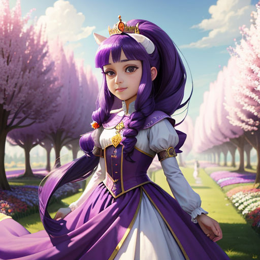 a cartoon character dressed in a purple dress and a crown standing in a park with trees and flowers in the background
