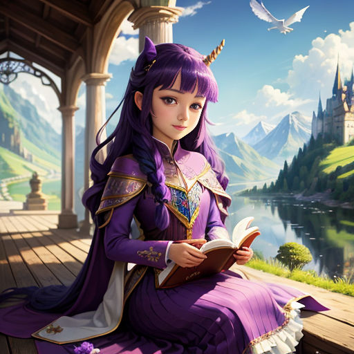 a girl in a purple dress sitting on a bench reading a book with a castle in the background and a bird flying overhead