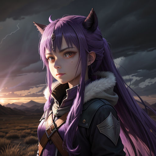 a woman with purple hair and horns standing in a field with a storm in the background and lightning in the sky