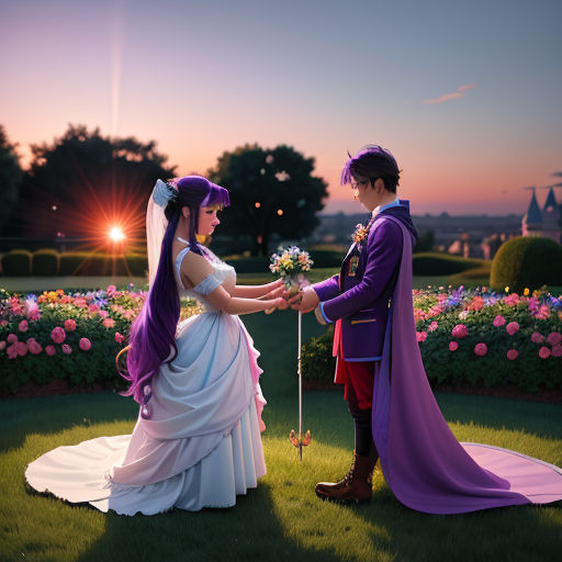 a man and woman dressed in medieval clothing standing in a field of flowers at sunset with a sword in hand