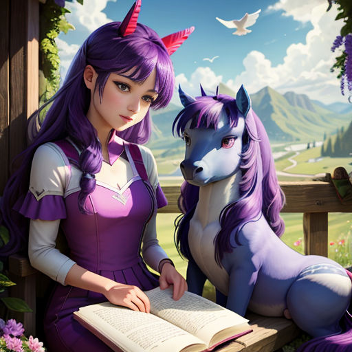 a woman sitting on a bench next to a unicorn and a book in her hands, with a bird flying above her