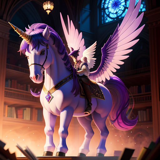 a statue of a unicorn with wings on a pedestal in a building with a clock tower in the background
