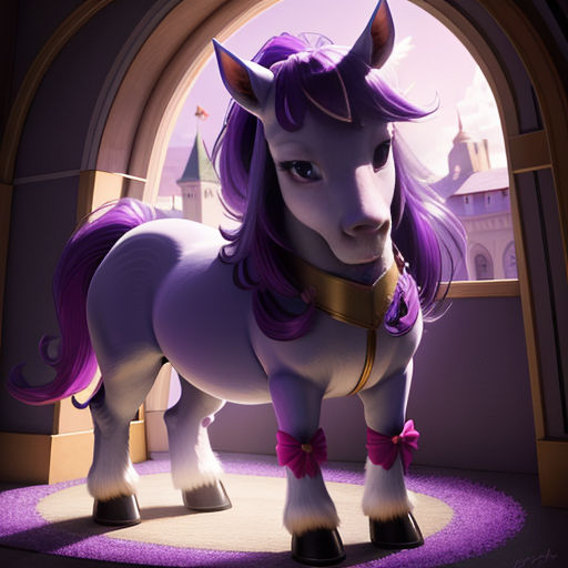 a cartoon horse with purple hair and a pink bow tie standing in a doorway with a castle in the background