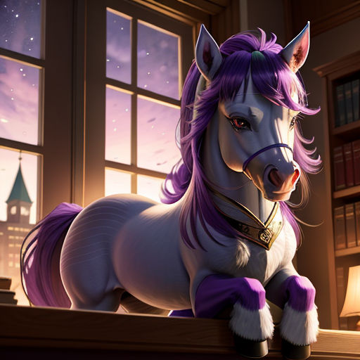 a cartoon horse with purple hair and a purple mane sitting on a window sill in front of a window