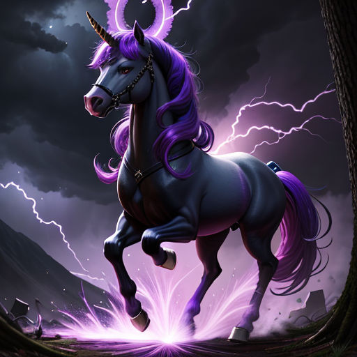 a unicorn with purple hair and a horn on its back is standing in front of a lightning storm and a tree
