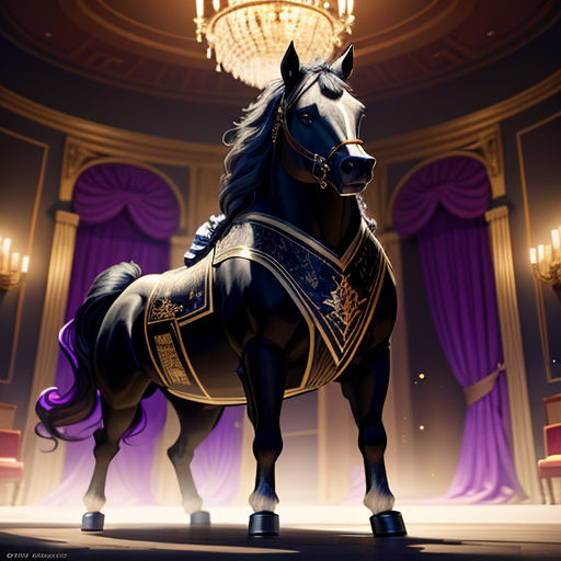 a horse that is standing in a room with a chandelier on the ceiling and a chandelier hanging from the ceiling