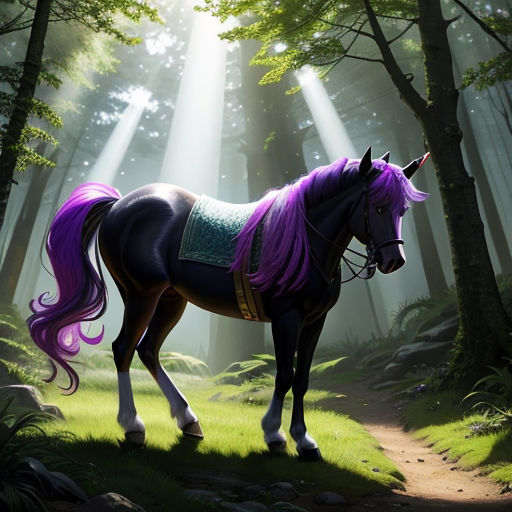 a horse with a purple mane standing in a forest with sunlight streaming through the trees and grass on the ground