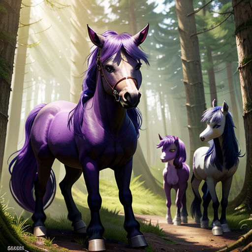 a group of horses standing on a forest path next to a forest with tall trees and a forest floor