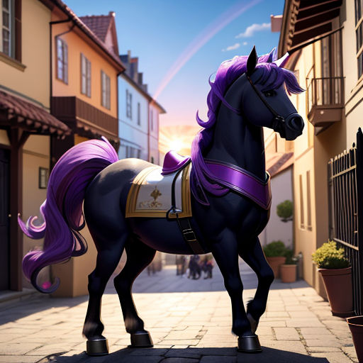 a horse statue is standing on a cobblestone street in front of a building with a rainbow in the background