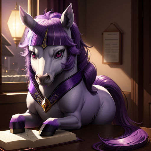 a cartoon of a unicorn sitting on a desk with a book in front of it and a lamp in the background
