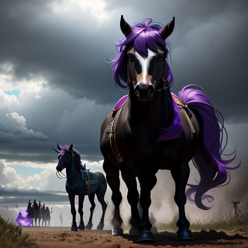 a couple of horses that are standing in the dirt with a sky background and clouds in the background with a few people walking behind them