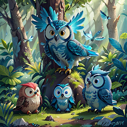 a group of owls sitting on top of a tree in the forest with butterflies flying around them and a bird on top of the tree