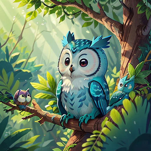 an owl and her baby are sitting on a branch in the forest, with leaves and flowers around them