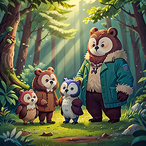 a man standing in the middle of a forest with three small animals in front of him and a bear behind him