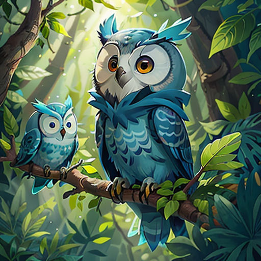 two owls sitting on a branch in a forest with sunlight streaming through the trees and leaves on the ground
