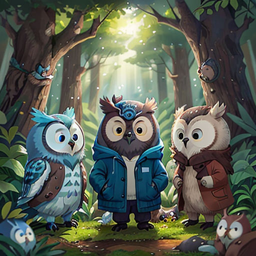 three owls standing in the middle of a forest with a light shining through the trees and a man in a blue jacket