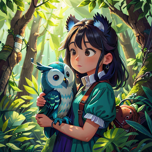 a girl holding an owl in a forest with trees and plants behind her, with sunlight streaming through the trees
