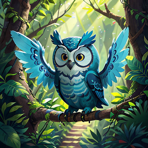 an owl sitting on a branch in a forest with leaves and trees around it, with a bright light shining on the background