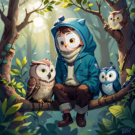 a boy sitting on a tree branch with owls in the background and a full moon in the sky above