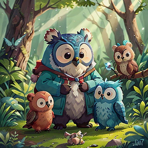 an owl and her babies in the forest by a tree with leaves and flowers on it, with a bird on the branch