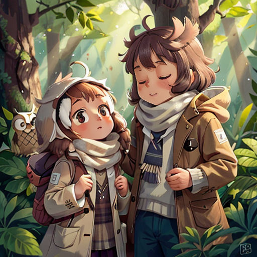 a couple of people standing in a forest next to each other with a owl on their shoulder and a bird on their shoulder