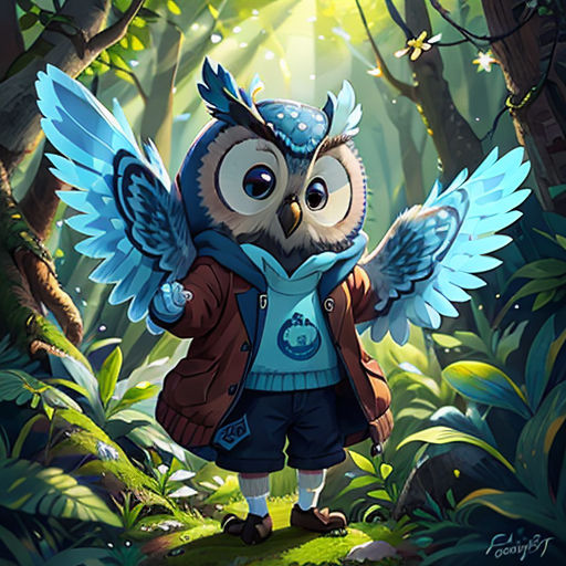 an owl with wings standing in the middle of a forest with a bird on its back and a bird on its shoulder