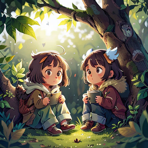 two children sitting in the woods reading books together, with a tree in the background and a bird flying overhead