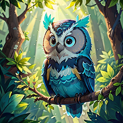 a blue owl sitting on a branch in a forest with trees and leaves around it, with a bright light coming from behind it