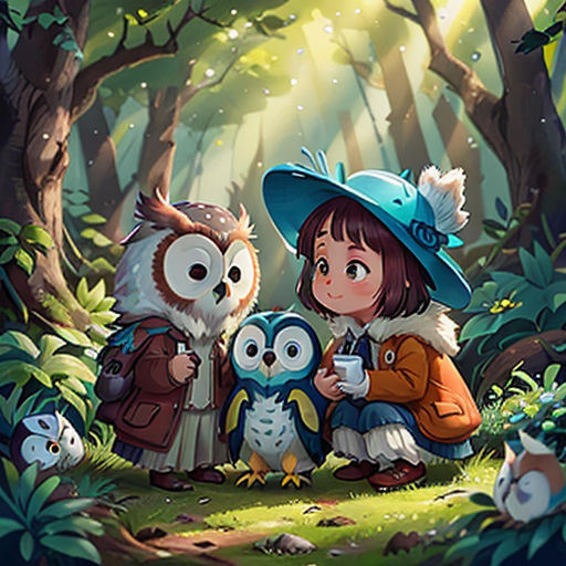 a girl and two owls in the woods with a blue hat on their heads and a blue coat on