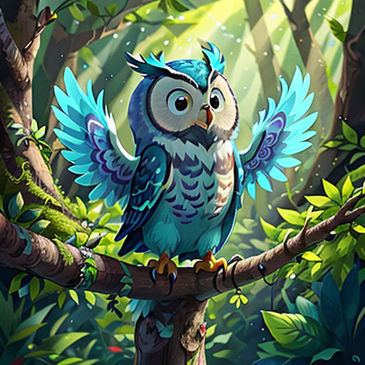 a blue owl sitting on top of a tree branch in a forest with lots of leaves and a bright light