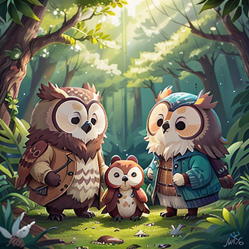 three owls are standing in the woods with a baby owl in front of them and a man in the background