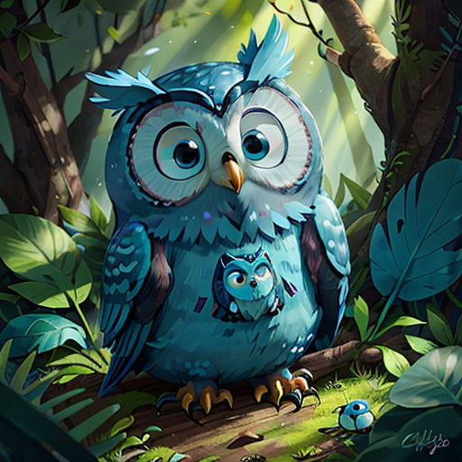 an owl and her baby sitting in the woods by a tree with leaves on it's branches, with a blue bird perched on its back