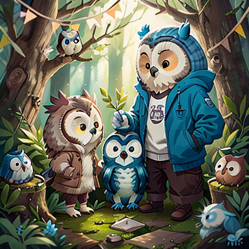 a man standing in the woods with owls and other animals around him, with a forest background and a forest scene