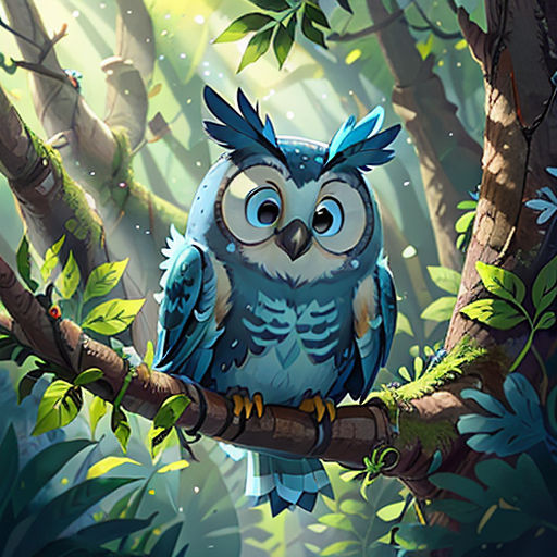 a blue owl sitting on a branch in a forest with leaves and flowers on it's head and eyes