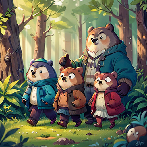 a group of bears standing in the woods together with a man in a blue jacket and a woman in a red coat