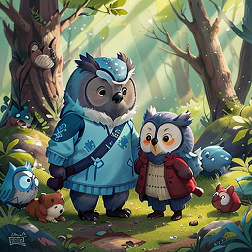 a couple of owls standing next to each other in a forest with trees and plants on the ground and a forest background