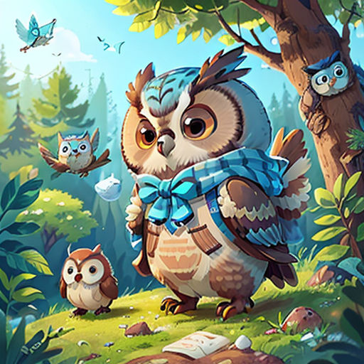 an owl with a blue scarf is standing in the woods with two owls and a bird flying above it